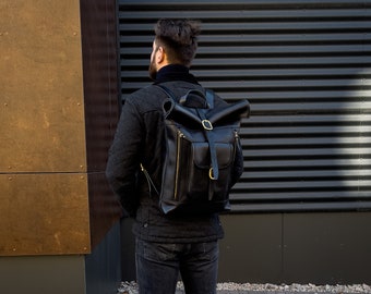 Men's black leather backpack, Travel leather backpack, Full grain leather backpack, Weekend bag leather bag mens, Gift for him, Gift for men