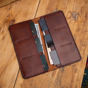 Portefeuille en cuir personnalisé, portefeuille long à deux volets, portefeuille en cuir marron, portefeuille pour elle ou lui, portefeuille pour homme, portefeuille pour femme, pour les billets de banque