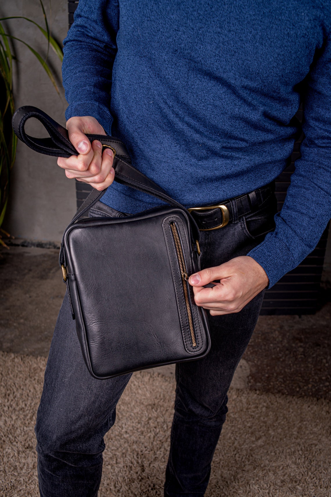 Men's Black Leather Shoulder Bag Personalized Men's - Etsy