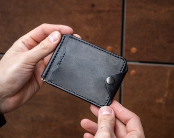 Leather Money Clip, Black money clip, Small leather wallet, Leather Money Clip, Gift for Men, Minimalist Wallet with Credit Card Holder