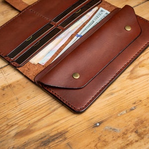 Cartera de cuero personalizada, Cartera bifold larga, Cartera marrón de cuero, Cartera para ella o él, Cartera para hombre, Cartera para mujer, Para billetes imagen 6