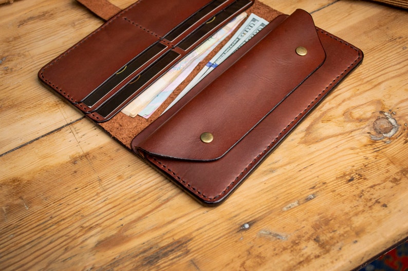 Cartera de cuero personalizada, Cartera bifold larga, Cartera marrón de cuero, Cartera para ella o él, Cartera para hombre, Cartera para mujer, Para billetes imagen 6