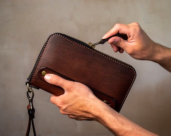Handmade Full Grain Leather Clutch Purse: Brown Wristlet Bag