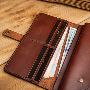 Cartera de cuero personalizada, Cartera bifold larga, Cartera marrón de cuero, Cartera para ella o él, Cartera para hombre, Cartera para mujer, Para billetes imagen 5