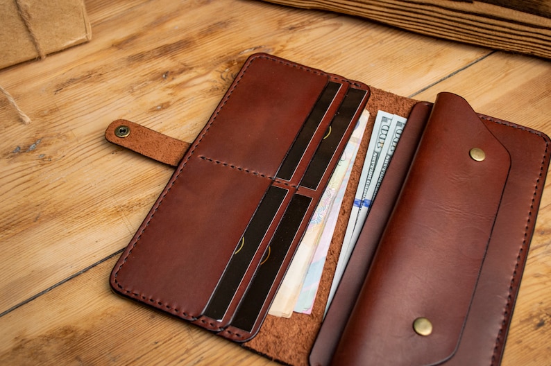 Cartera de cuero personalizada, Cartera bifold larga, Cartera marrón de cuero, Cartera para ella o él, Cartera para hombre, Cartera para mujer, Para billetes imagen 5