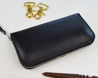 Cartera con cremallera, Cartera larga de cuero con cremallera, Monedero minimalista con cremallera para tarjetas de presentación, Cartera de mano, Cartera de cuero