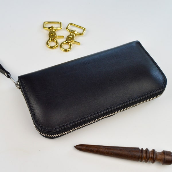 Personalized Leather Clutch, Full Grain Leather Clutch, Black men's leather wallet, Zipped leather walle, Wrist Bag, Long leather wallet