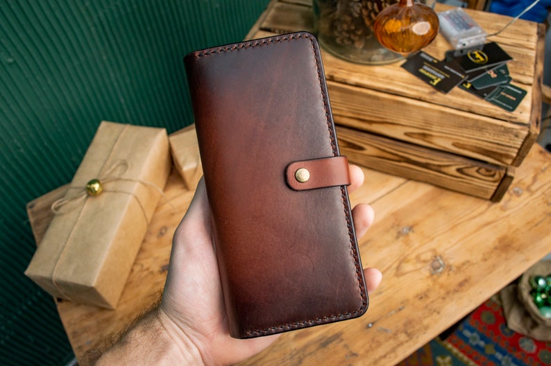 Cartera de cuero personalizada, Cartera bifold larga, Cartera marrón de cuero, Cartera para ella o él, Cartera para hombre, Cartera para mujer, Para billetes imagen 1