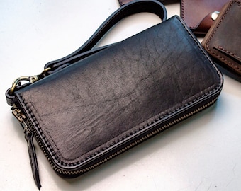 Handgefertigte Schwarz Vollrindleder Brieftasche, Zipper Wristlet Clutch