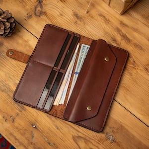 Cartera de cuero personalizada, Cartera bifold larga, Cartera marrón de cuero, Cartera para ella o él, Cartera para hombre, Cartera para mujer, Para billetes imagen 4