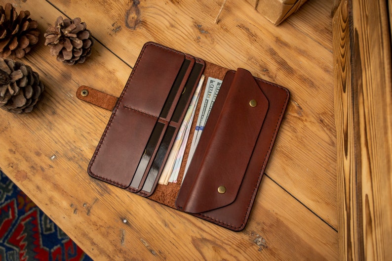Cartera de cuero personalizada, Cartera bifold larga, Cartera marrón de cuero, Cartera para ella o él, Cartera para hombre, Cartera para mujer, Para billetes imagen 4