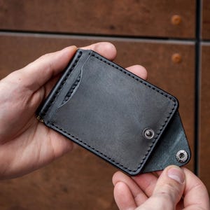 Genuine Leather Money Clip Wallet, Slim Minimalist Card Holder, Hand Stitched, Gift for Him image 1