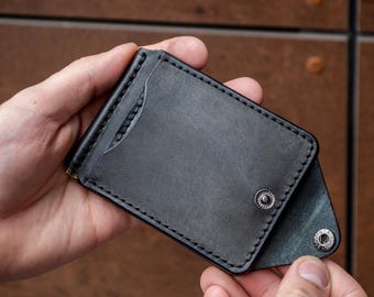 Genuine Leather Money Clip Wallet, Slim Minimalist Card Holder, Hand Stitched, Gift for Him
