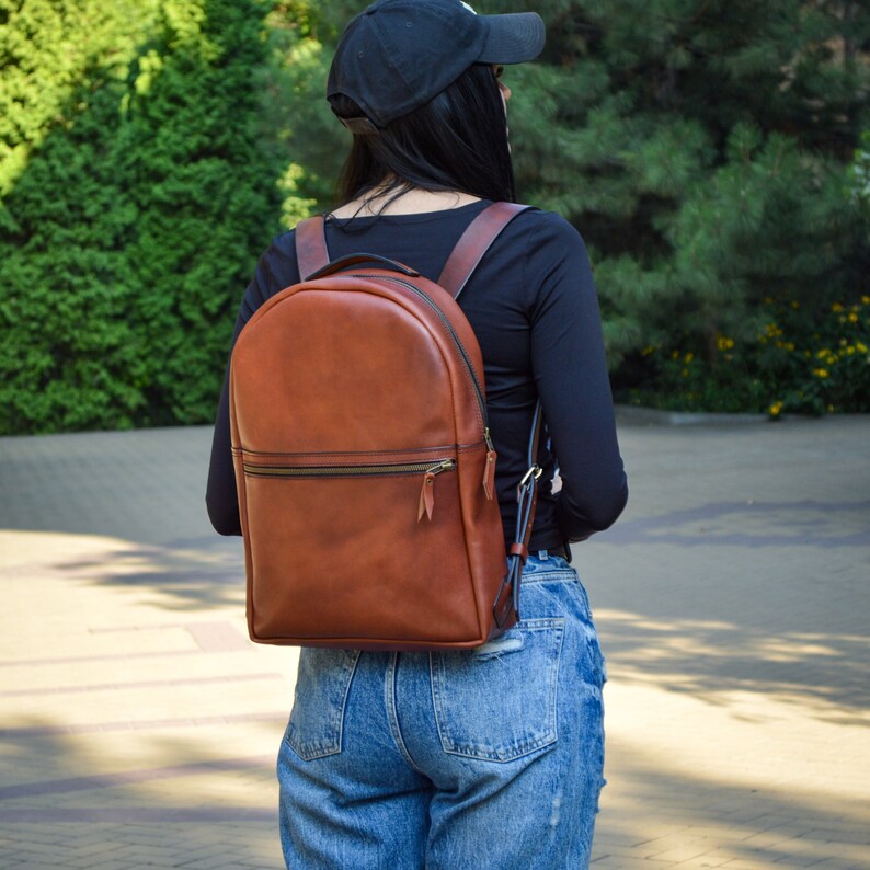 Personalized Leather backpack for woman, Leather backpack purse small, HandmadeBrown leather backpack, Travel leather backpack image 1