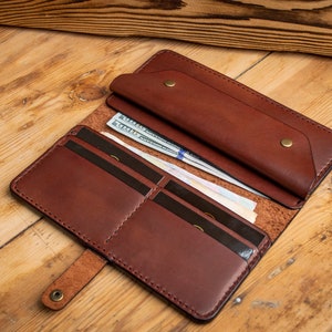 Cartera de cuero personalizada, Cartera bifold larga, Cartera marrón de cuero, Cartera para ella o él, Cartera para hombre, Cartera para mujer, Para billetes imagen 7