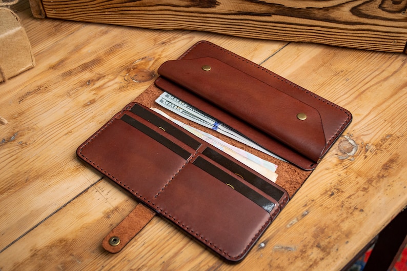 Cartera de cuero personalizada, Cartera bifold larga, Cartera marrón de cuero, Cartera para ella o él, Cartera para hombre, Cartera para mujer, Para billetes imagen 7