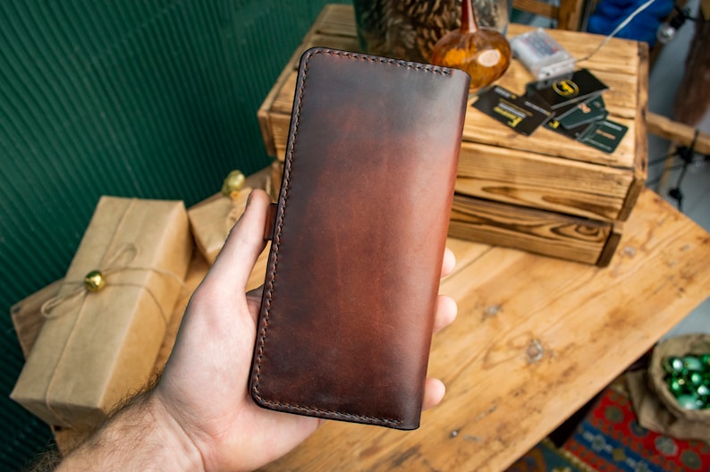 Cartera de cuero personalizada, Cartera bifold larga, Cartera marrón de cuero, Cartera para ella o él, Cartera para hombre, Cartera para mujer, Para billetes imagen 2
