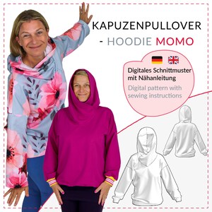 以下が含まれることがあります： 「MOMO」という名称のフード付きプルオーバーのデジタル型紙。ピンクの花柄がプリントされた水色のプルオーバーと、ストライプ柄の袖口が付いた無地のマゼンタ色のプルオーバーが示されています。フード付きプルオーバーの前面と背面の技術的な線画が含まれています。
