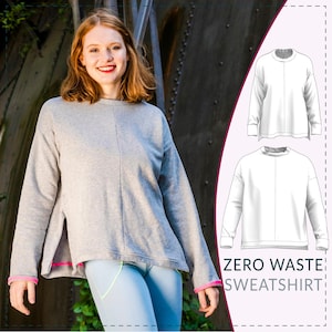 Puede incluir: Una sudadera gris con un detalle de costura lateral y ribete rosa. La sudadera se muestra en una modelo y tiene un diagrama de patrón para coser. El texto "ZERO WASTE SWEATSHIRT" está en la parte inferior de la imagen.