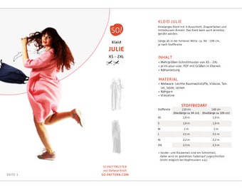 Asymmetrische Sommer-Kleid Julie (XS-2XL) Schnitt mit Anleitungs e-book & PDF (A4)/ Plot (A0)