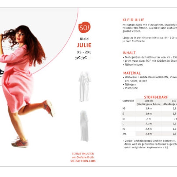 Asymmetrische Sommer-Kleid Julie (XS-2XL) Schnitt mit Anleitungs e-book & PDF (A4)/ Plot (A0)