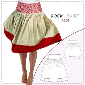 以下が含まれることがあります： 緑と白のドット柄の赤いトリムと赤い花柄のウエストバンドが付いたスカート。スカートはプリーツ加工が施され、フレアの形をしています。スカートはモデル着用です。画像には「ROCK - SKIRT RESI」というテキストが表示されています。