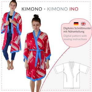 May include: A red kimono with a white and red pattern, trimmed with blue accents. The kimono is shown on a person, and a diagram of the garment is also included. The text "KIMONO - KIMONO INO" is at the top of the image.