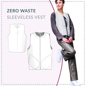 May include: A white sleeveless vest with a zipper closure and two large pockets. The vest is shown on a white background with a line drawing of the vest on the left side of the image. The text "ZERO WASTE SLEEVELESS VEST" is at the top of the image.