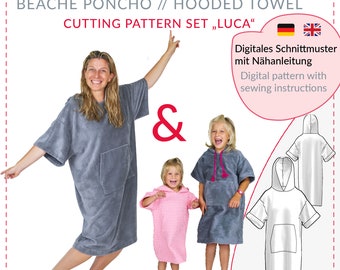 surf poncho sewing pattern set (family) // swim poncho pattern // beach towel pattern // hooded towel pattern // surf poncho sewing // PDF