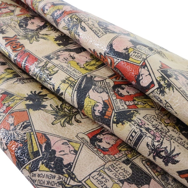 COMIC BOOK Printed Leather, Cowhide Leather, 3-4oz, Vintage Comic Printing on Patent Leather Cowhide, Patent Leather, Leather for crafts