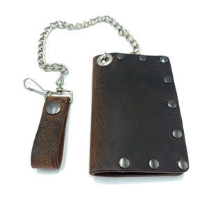 Cartera biker de cuero, bifold de cuero de búfalo marrón caballo loco, 2 bolsillos, cartera con cadena, cartera de cuero, cartera de hombre hecha a mano, resistente