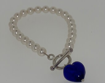 Swarovski Pearl Bracelet with Murano Glass Heart, Gift For Girlfriend, Gift for Wife