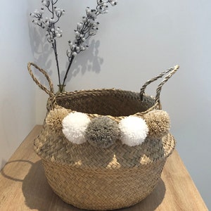 Ball or Thai basket with 5 white, taupe and hazelnut beige pompoms image 3