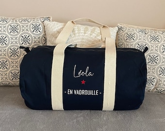 Personalized navy blue travel bag in organic cotton