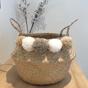 Ball or Thai basket with 5 white, taupe and hazelnut beige pompoms image 1