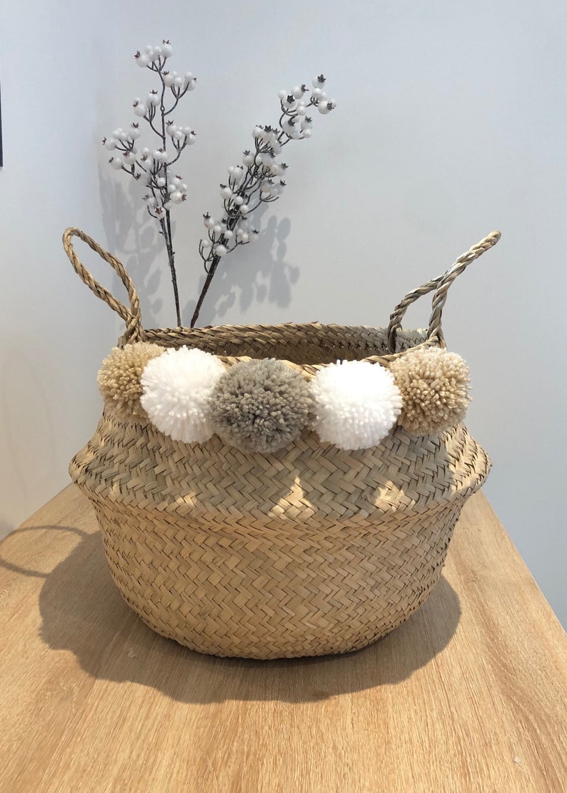 Ball or Thai basket with 5 white, taupe and hazelnut beige pompoms image 1