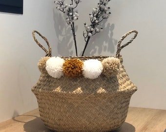 Ball or Thai basket with 5 white, mustard/gold/gold and hazelnut beige pompoms