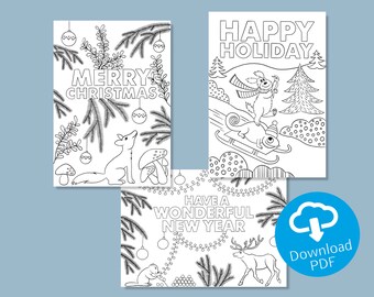 Coloring Christmas Cards | Bundle of 3 | Coloring Cards for Children, Teachers and all Adults | Holiday Crafts | Printable Coloring Pages |