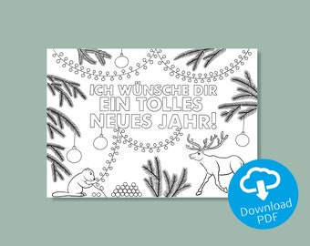 Ausmalbild "Neujahr" | Neujahrskarten verschicken und verschenken | Weihnachten basteln und malen mit Kindern | Beschäftigung in der Kita