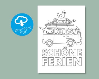 Coloring Card "Schöne Ferien" | DIY Greeting Card | Craft and color for children, teachers and all adults | Printable Coloring Page Template