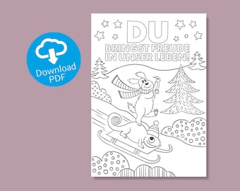 Coloring Page Winter Fun | Printable DIY Postcard | Coloring Card for Children, Teachers and all Adults | Christmas Present | Holiday Craft