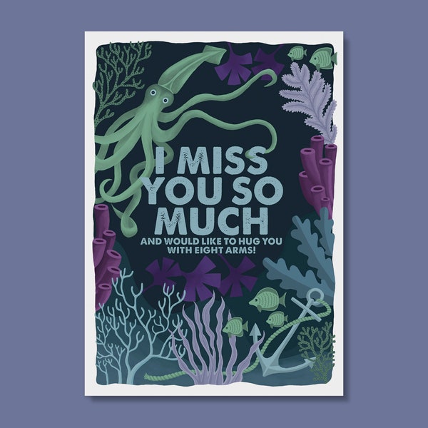 Postcard  "I miss you so much and would like to hug you with eight Arms" | Love and Missing | Octopus | FSC® | climate friendly Art Print