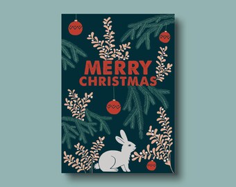 Weihnachtskarte "Merry Christmas" | Illustrierte Postkarte | Grußkarte | Karte A6 | Hase im Weihnachtswald | FSC® zertifiziert