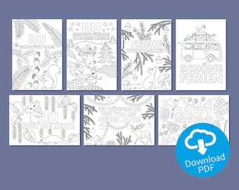 Set of 7 DIY cards (ENG) | coloring postcards | coloring for children, teachers and all adults | Crafts with kids | Printable Coloring Pages