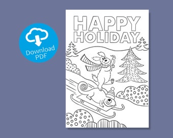 Coloring Template Happy Holiday | Printable DIY Postcard | Coloring Card for Children, Teachers, Parents | Christmas Present | Holiday Craft
