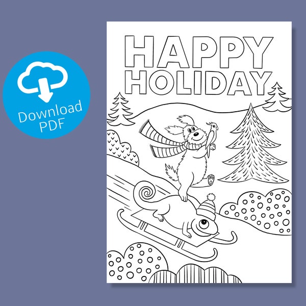 Coloring Template Happy Holiday | Printable DIY Postcard | Coloring Card for Children, Teachers, Parents | Christmas Present | Holiday Craft