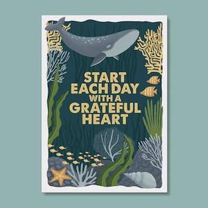 Carte postale "Commencez chaque journée avec un cœur reconnaissant" | Carte d'affirmation de gratitude | FSC® | impression d'art de haute qualité | baleine dans l'océan