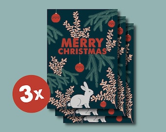 3er Set Weihnachtskarten "Merry Christmas" | Illustrierte Postkarten | Grußkarten | Karten A6 | Hase im Weihnachtswald | FSC® zertifiziert