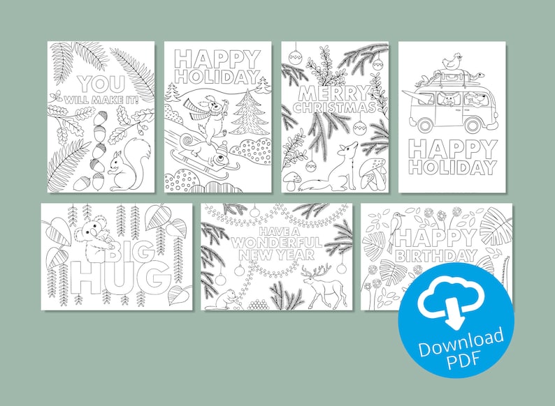 Set of 7 DIY Cards ENG Coloring Postcards Coloring for Children