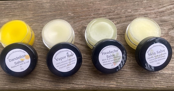 4 Sample Size Salves, Variety of Mini Herbal Salves, Healing Skin Balm, Dry Skin Salve, Dandelion Salve, Headache Salve, Natural Vapor Rub